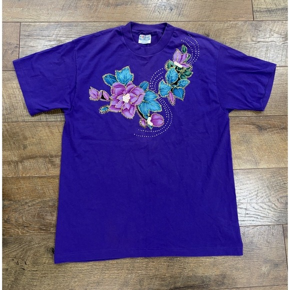 Hanes Tops - Vintage 80s Flowers Rhinestones Sequins Tee Purple Medium USA‎ Made Cottagecore
